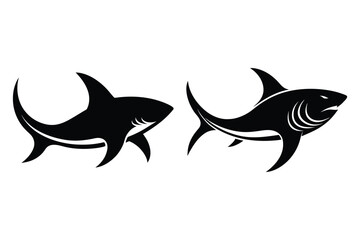 Fototapeta premium Two Black Shark Silhouettes Facing Left and Right on White shark, silhouette, animal