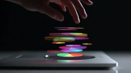Futuristic Hand Interacting with Colorful Digital Stacks on Touchscreen Device