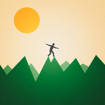 Man balancing on mountain peak in sunny landscape illustration