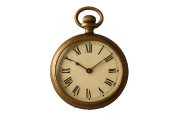 Brass antique pocket watch with roman numerals on a transparent background