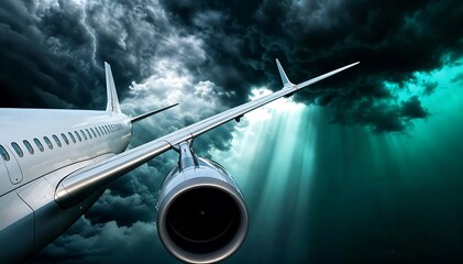 Fototapeta premium Airplane Flying Through Dark Cloudy Storm with Sunlight Rays