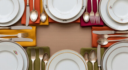 Overhead view of elegant dinnerware setting with plates, silverware, and napkins arranged in a frame, leaving central free space for text or logo, ideal for restaurant menu or holiday promotion