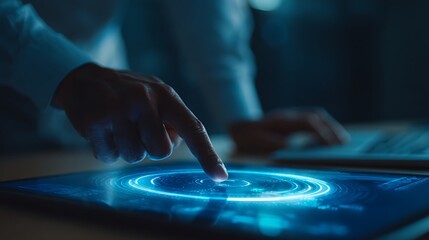 Futuristic Touchscreen Interface Human Hand Interacting with Digital Hologram in Dark Office