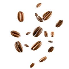 Close up of roasted coffee beans suspended in mid air against a dark black background
