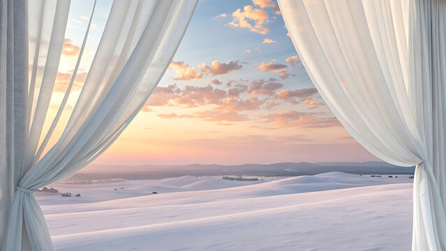 Dreamy sunset sky viewed through flowing white sheer curtains over a serene snowy landscape - Powered by Adobe