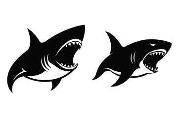 Two Black Shark Silhouettes One with Open Mouth on White shark, silhouette, animal
