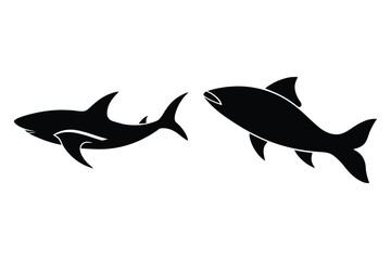 Two Black Shark Silhouettes Swimming in Opposite Directions on White Background animal