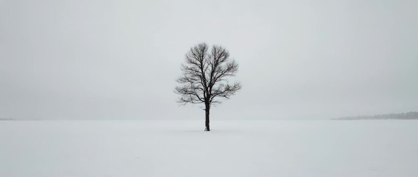 A stark and beautiful minimalist video of a single bare tree standing alone in an endless, snow-covered landscape. The simple composition evokes feelings of solitude, peace, and quiet beauty.