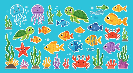 Obraz premium Cheerful cartoon illustration of various sea creatures including fish, jellyfish, turtles, crabs, starfish, and seaweed against a light blue background.
