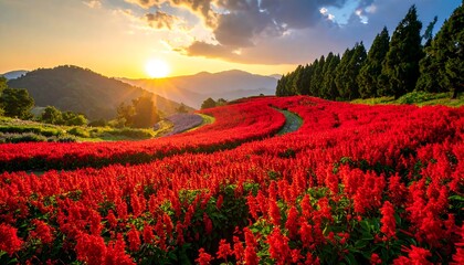 Colorful sunset over red flower fields