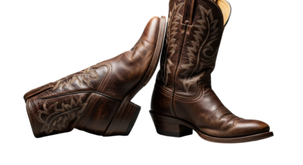 Photorealistic eye-level macro of two deeply weathered brown leather cowboy boots with decorative stitching and worn interiors, on a transparent background with cinematic lighting, concept of rugged