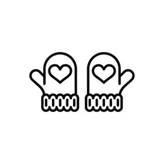Black outline of two mittens each with a heart design on the top and a decorative ribbed cuff