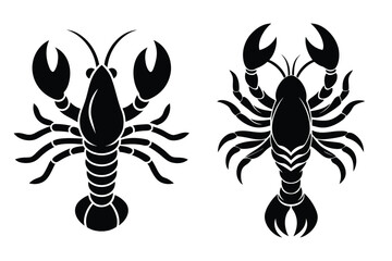Two Black Silhouette Lobsters Facing Opposite Directions on White Background crustacean