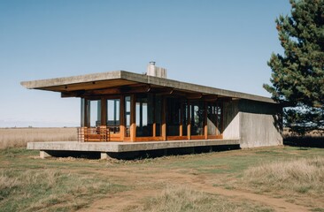 A modern concrete and wood cabin stands proudly on a grassy plain, showcasing a striking architectural design.