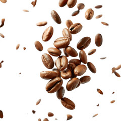 Roasted coffee beans falling through air against a dark black background with motion blur