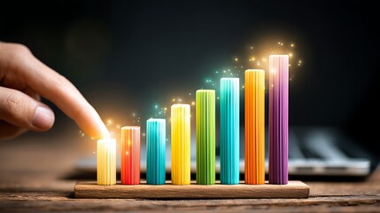 Colorful Bar Graph with Glowing Effects on Wooden Surface