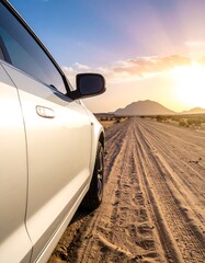 White SUV on a desert road at sunset
