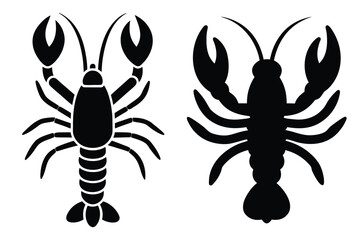 Two Black Silhouette Lobsters Facing Opposite Directions on White lobster, silhouette