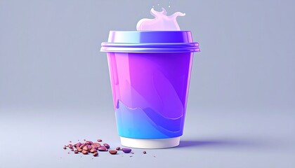 Cup with purple gradient holds a splash of pink liquid, with small stones nearby