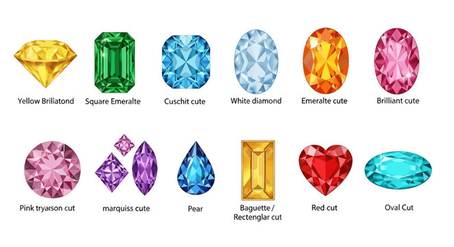 An array of twelve different gemstone cuts, each in a different color, displayed against a white background with labels.