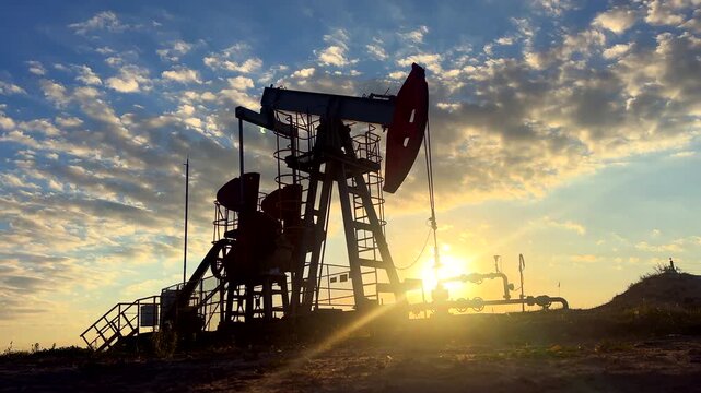 Oil Pump Jack Operates on Beautiful Sunset at Oil Field in Industrial Area. Crude pump jack working on sunrise in oil field. Oil drill rig, drilling derrick in oilfield. Crude petroleum industry. 