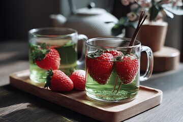 Savoring green tea with strawberries in a cozy home setting, captured in a relaxed atmosphere with natural light for a tranquil food photography shot.