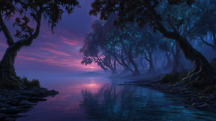 Fototapeta premium Epic landscape , Otherworldly river landscape at dusk, enormous twisted trees with luminous leaves glowing in blue and crimson.