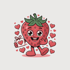 Strawberry character with gift and hearts