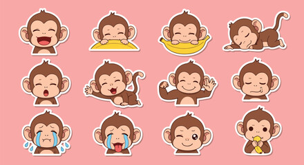 Adobe illustrator artwork vector illustration of a playful monkey character in various cute poses and expressions, ideal for stickers, children's products, and fun designs