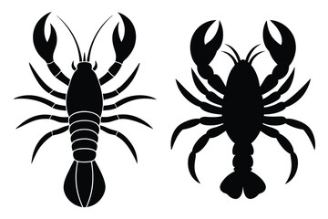 Two black silhouettes of lobsters side by side on a white background crustacean seafood