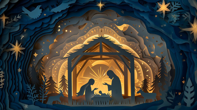 Layered paper cut nativity scene glowing manger Mary Joseph baby Jesus star Christmas night illustration