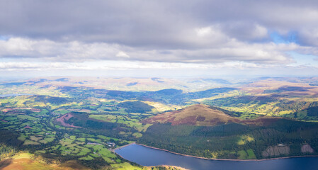 Beautiful aerial view of the Brecon Beacons National Park, near Abercynafon and Talybont Reservoir
