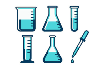 Collection of laboratory glassware including beakers, flasks, and pipette used in scientific experiments
