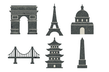 Iconic landmarks represented in simple black and white graphic design creating a unique travel theme