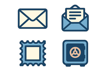 Various postal icons representing mail, letters, and a safe for secure storage