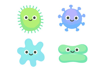 Colorful cartoon microbes with smiling faces in different shapes and sizes create a cheerful atmosphere in a playful design