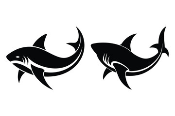 Two Stylized Black Shark Icons With Tribal Designs On White Background silhouette © Crea Vector Designer