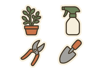 Variety of gardening tools including a plant pot, spray bottle, pruning shears, and trowel for home gardening activities