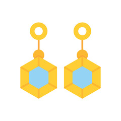 Two hexagon earrings are suspended from gold loops and a small sphere with a light blue hexagon in their centers