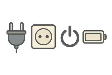 Obraz premium Illustration showing various electrical icons depicting a plug, outlet, power button, and battery in a simple design