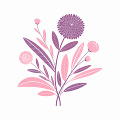 Elegant floral bouquet illustration in pink and purple hues for graphic design projects and creative designs with botanical elements on white background