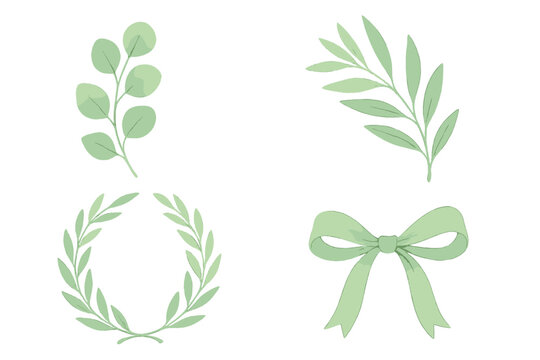 Decorative green leaves and ribbon designs for crafting and artwork projects