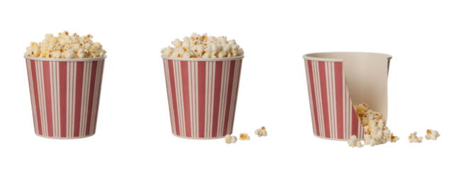 Fresh popcorn overflowing from classic striped containers ready for movie night, evoking nostalgic cinema vibes and delicious snacking experiences, perfect for entertainment promotions