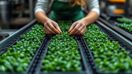 Hands Inspecting Seedlings in Nursery Trays