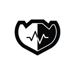 Vector illustration of a shield icon with a heartbeat line symbol in the center, designed in a clean black and white style. This emblem represents protection, security, health care, medical safety, an