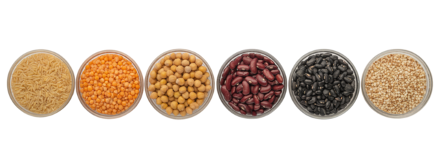 Diverse collection of rice, lentils, soybeans, red kidney beans, black beans and quinoa displayed in clear bowls for healthy eating and balanced diet inspiration for nutritious meal planning