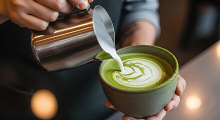 A barista pours steamed milk from a steel pitcher to create latte art on a green matcha tea in a ceramic cup.