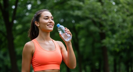 Active woman hydrating with water bottle in lush park fitness lifestyle outdoor environment joyful mood
