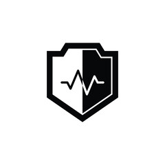 Vector illustration of a shield icon with a heartbeat line symbol in the center, designed in a clean black and white style. This emblem represents protection, security, health care, medical safety, an