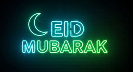 Obraz premium Radiant Eid Mubarak Neon Sign Illuminating Dark Background for Festive Celebration